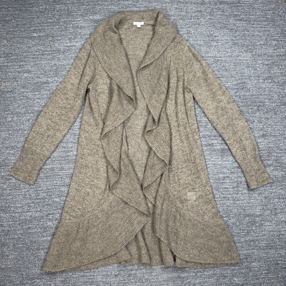 Garnet Hill Sweater Women Large Brown Duster Ruffle Lightweight Mohair Open